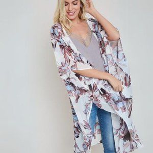 Kalea Kimono Open Front Longline Cardigan White Floral SZ M/L NWT!